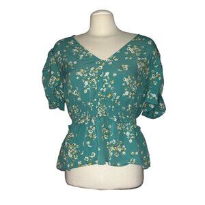 Rabbit Rose Floral Smocked Boho Blouse Sz XL Womens Teal Green V Neck